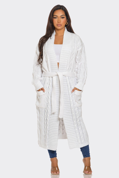 New Arrivals -  White Cable Knit Long Cardigan