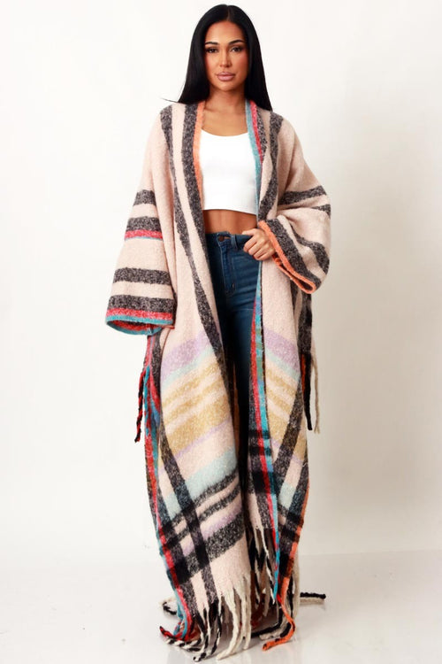 New Arrivals - Multi Color Plaid Blend Open Front Long Cardigan