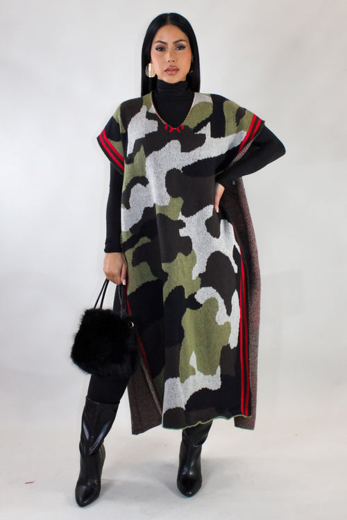 New Arrivals - CAMO PRINT SIDE DEEP SLIT PONCHO (ONESIZE)