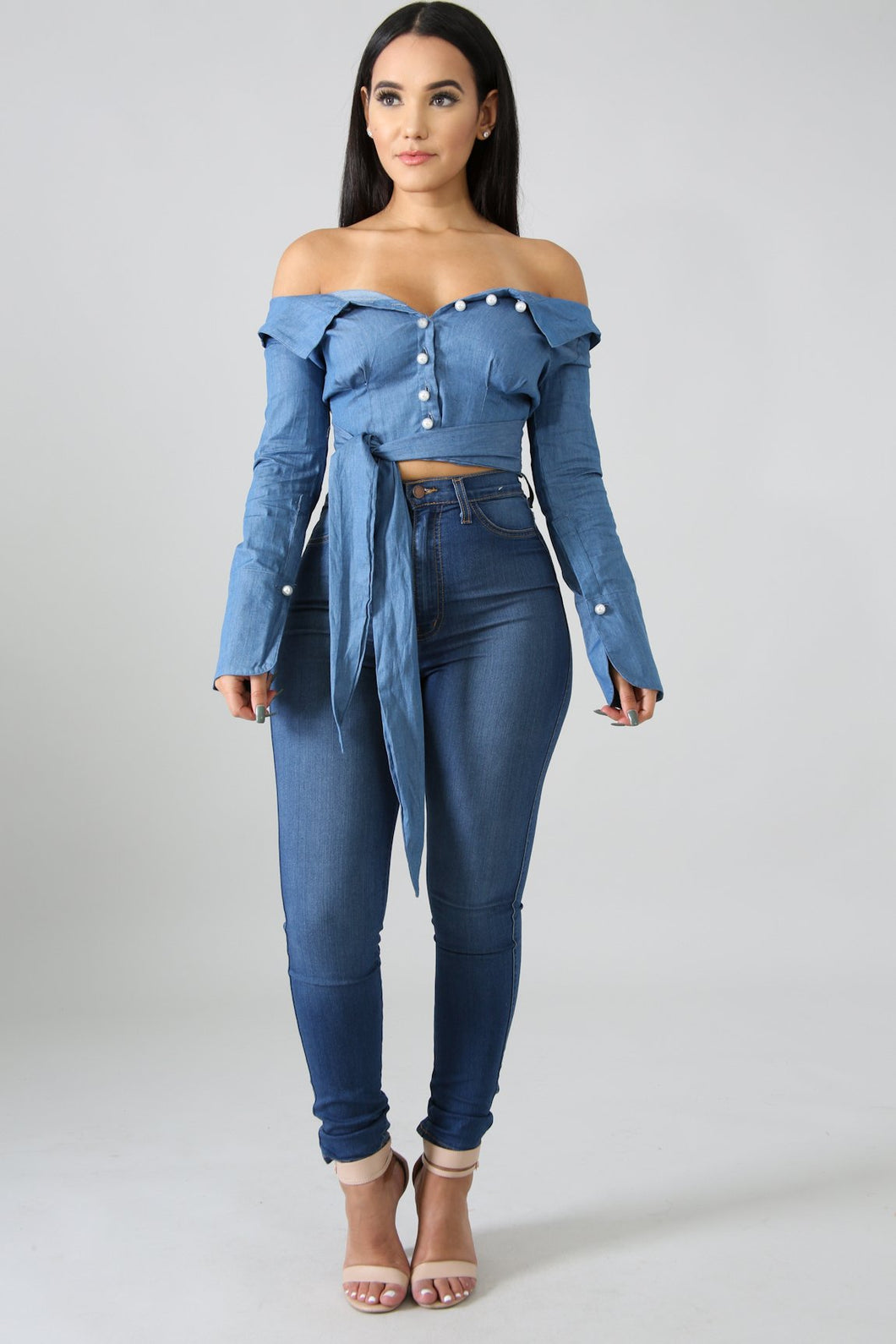 Off Shoulder Pleated Swirl Pearl Top